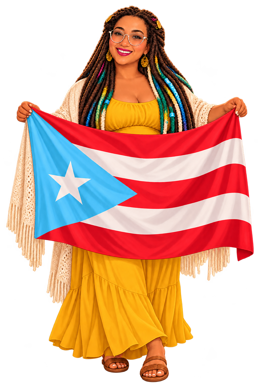 Ilustración de Leslie sosteniendo la bandera de Puerto Rico con el triángulo azul celeste, vestida de amarillo y con una pashmina sobre los hombros