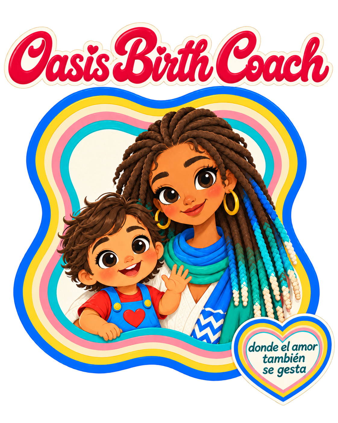 Oasis Birth Coach: logo principal ilustrado con una mujer y un niño, franjas de colores y el corazón con el lema donde el amor también se gesta