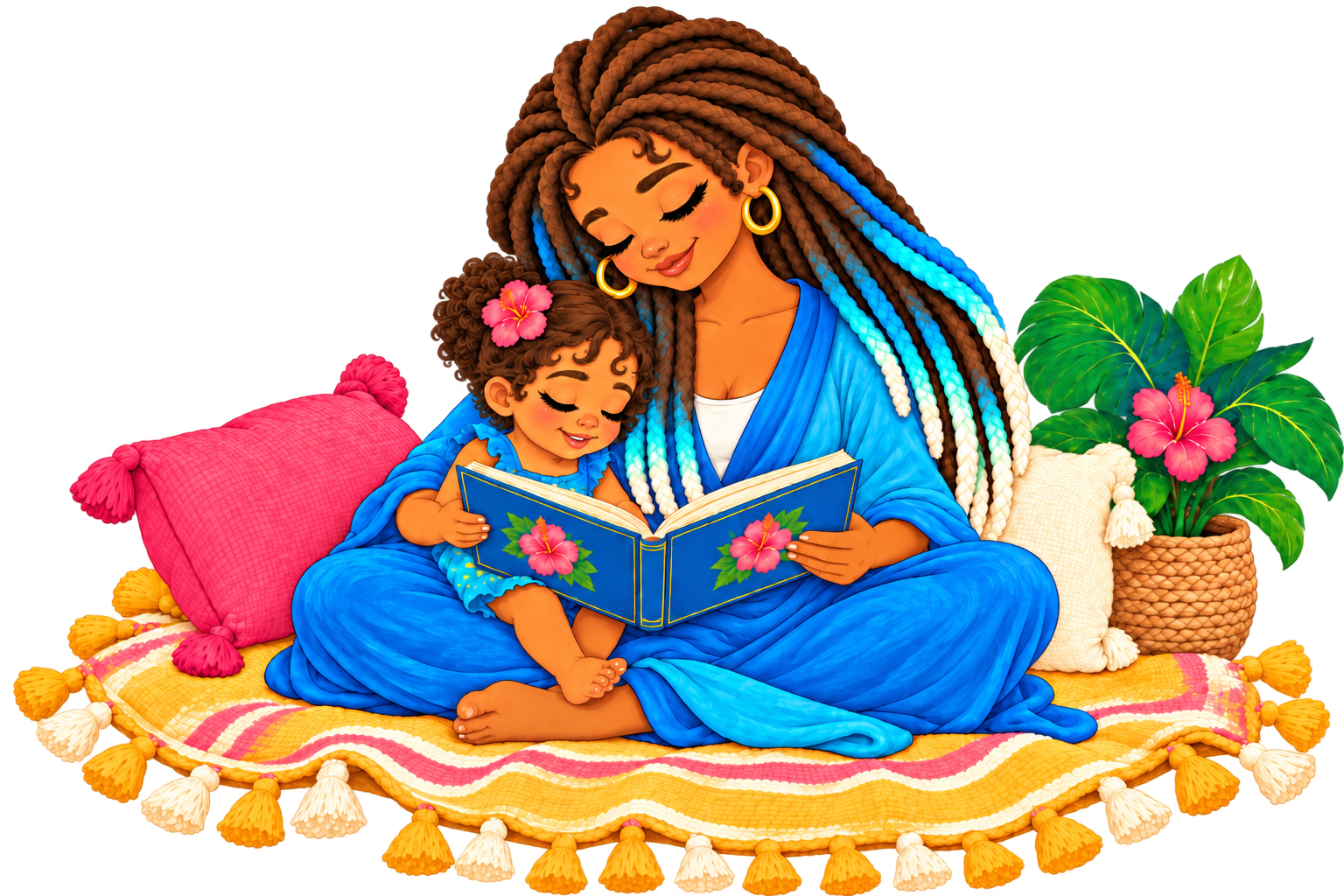 Una mamá y su niña comparten un libro sobre una pashmina amarilla.