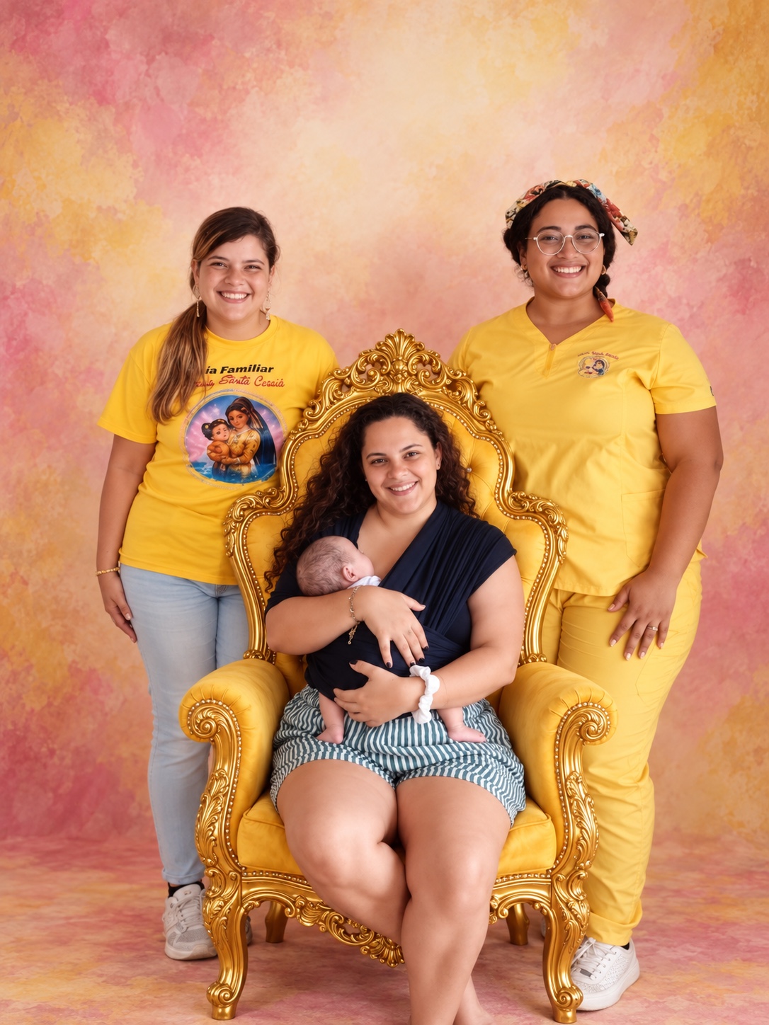 Una madre con su bebé en brazos, acompañada por dos mujeres vestidas de amarillo, junto a un sillón dorado