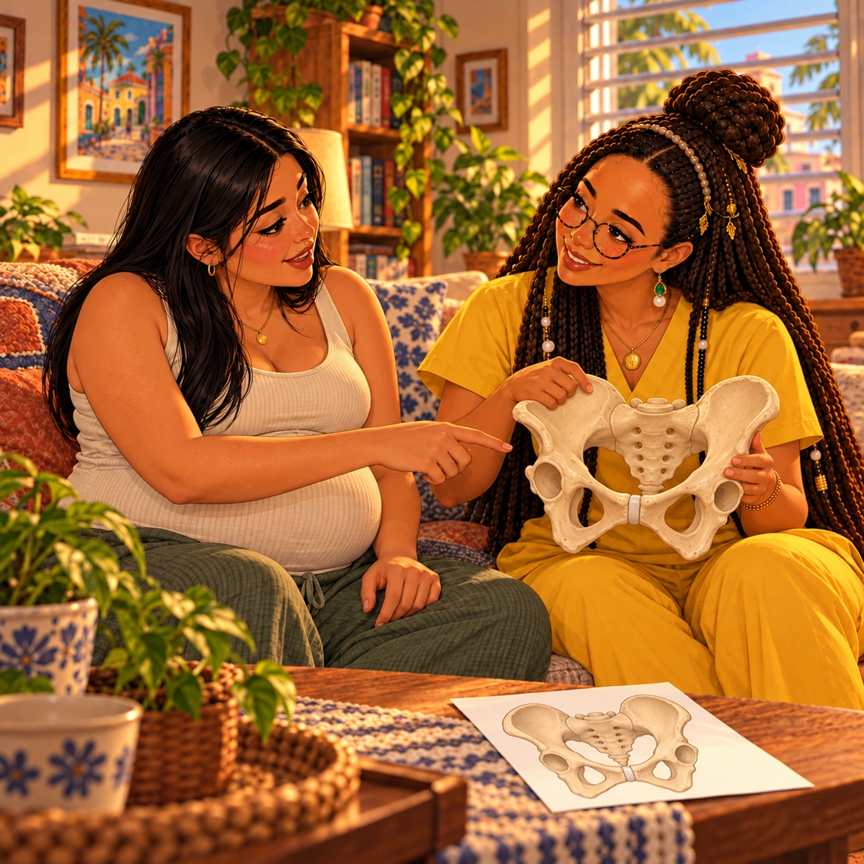 Ilustración de una clase de preparación al nacimiento con Leslie y una familia